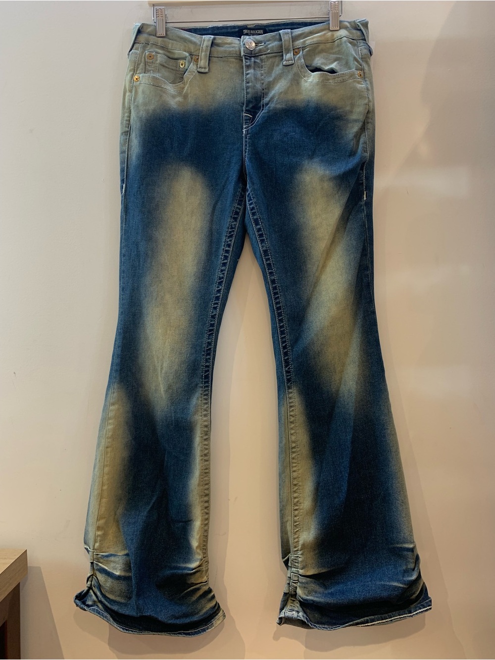 True Religion Joey Super T Flare Jeans Dirty Wash Ombre Ruched Hem 32